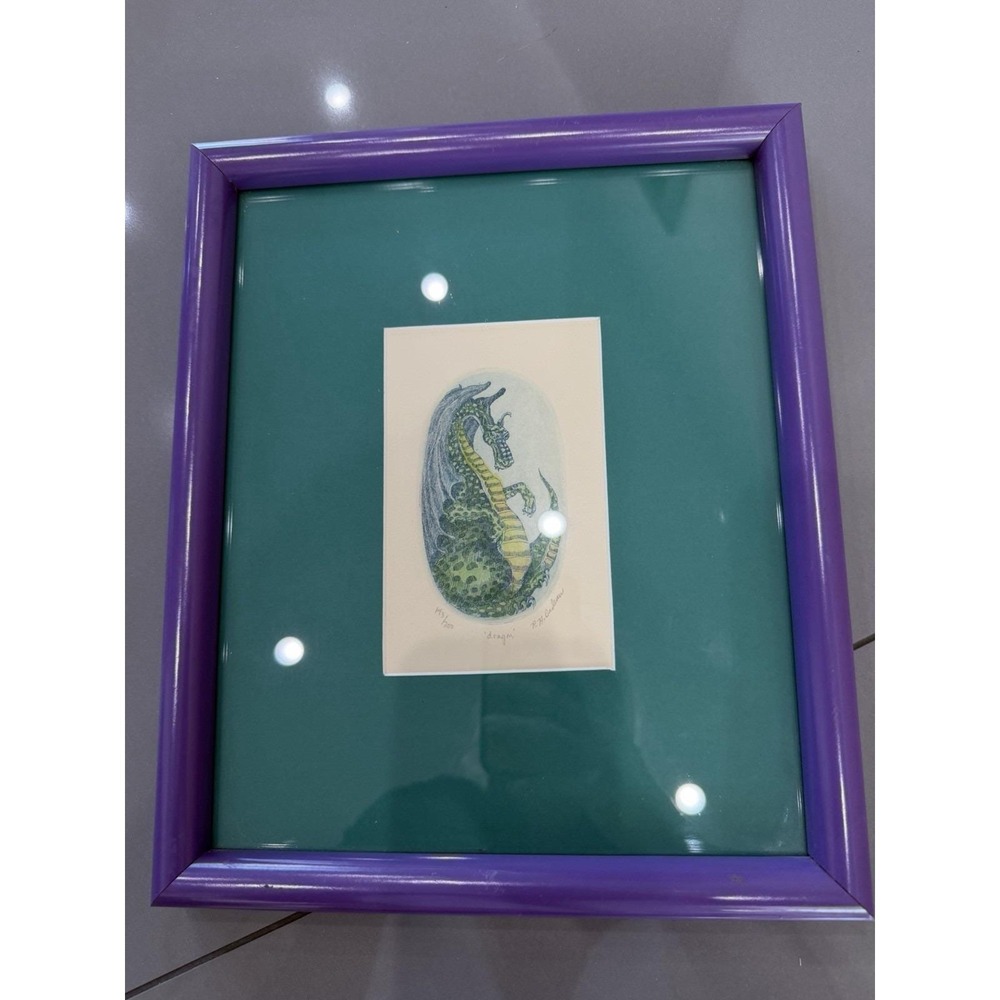 R.H Badeau "dragon " Etching 143/200 Hand Colored – Framed